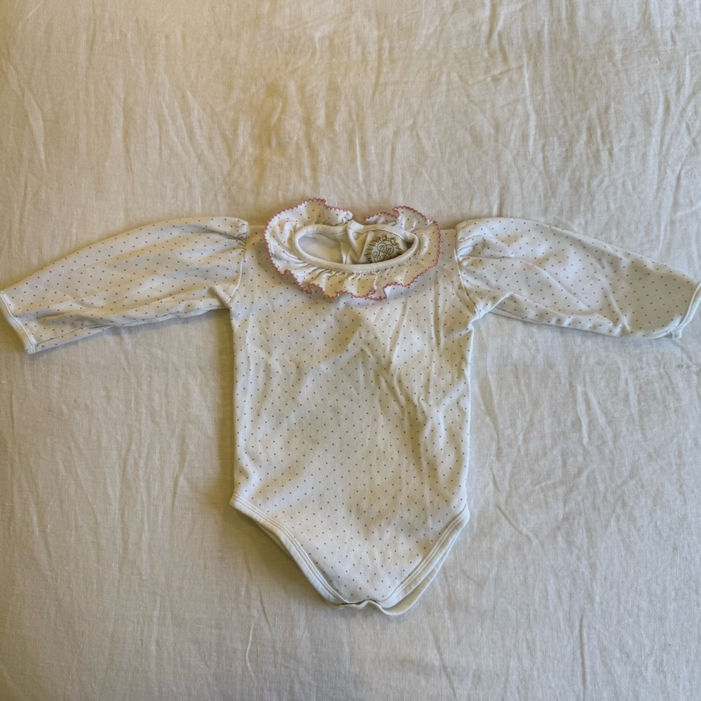 The Beaufort Bonnet Company White and Pink Polka Dot Ramona Ruffle Bodysuit